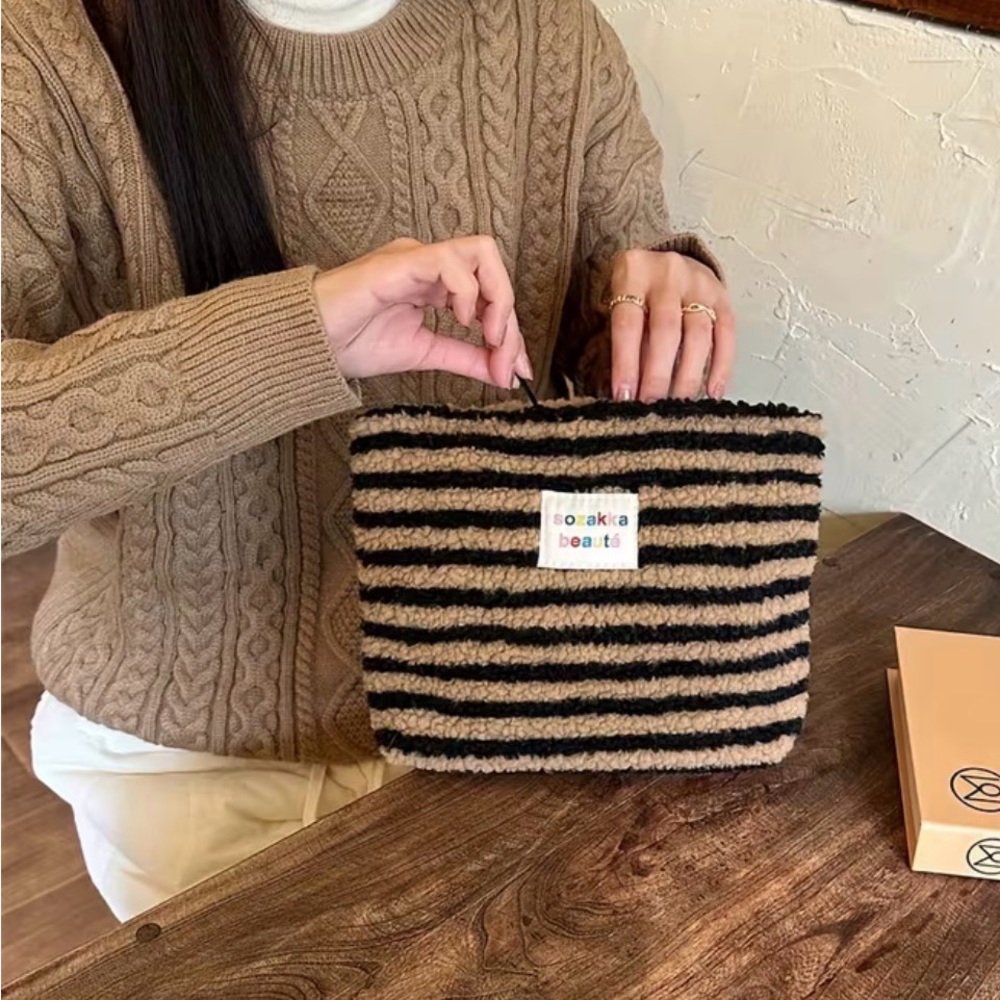 Striped Fuzzy Cosmetic Pouch in Black and Tan